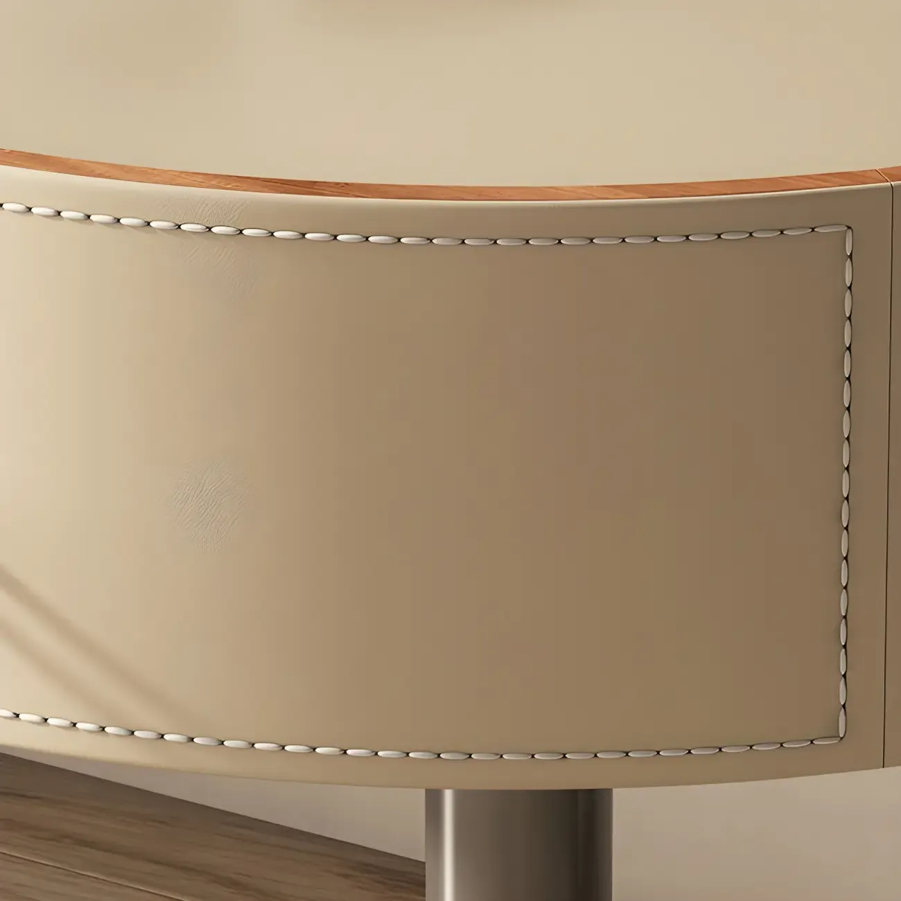 Modern Beige Faux Leather Round Metal Cross Drawer Nightstand