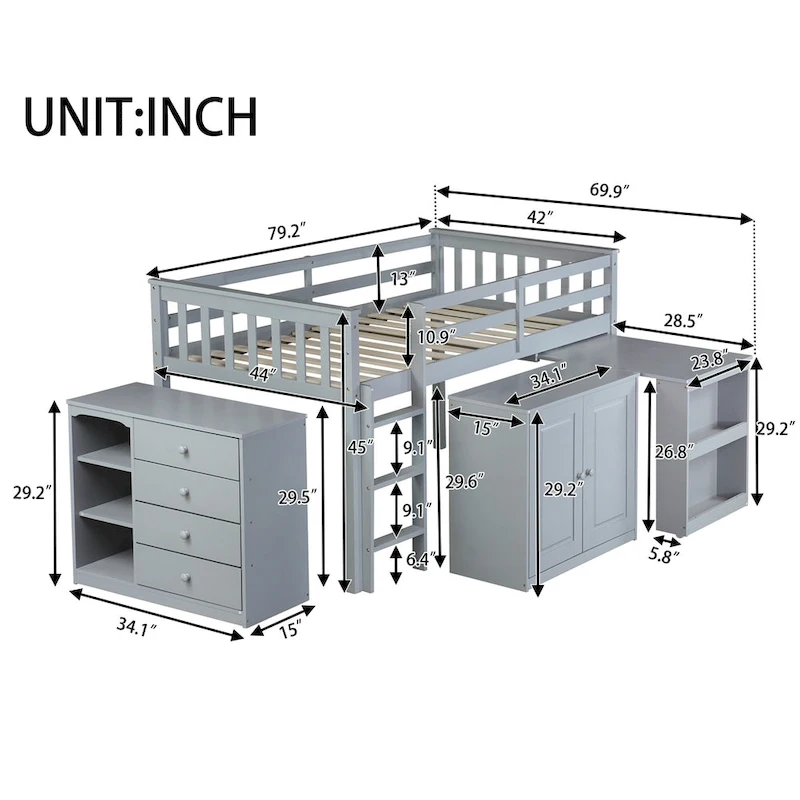 Twin Loft Bed with Pull-Out Desk, 2 Cabinets, 4 Drawers & Shelves