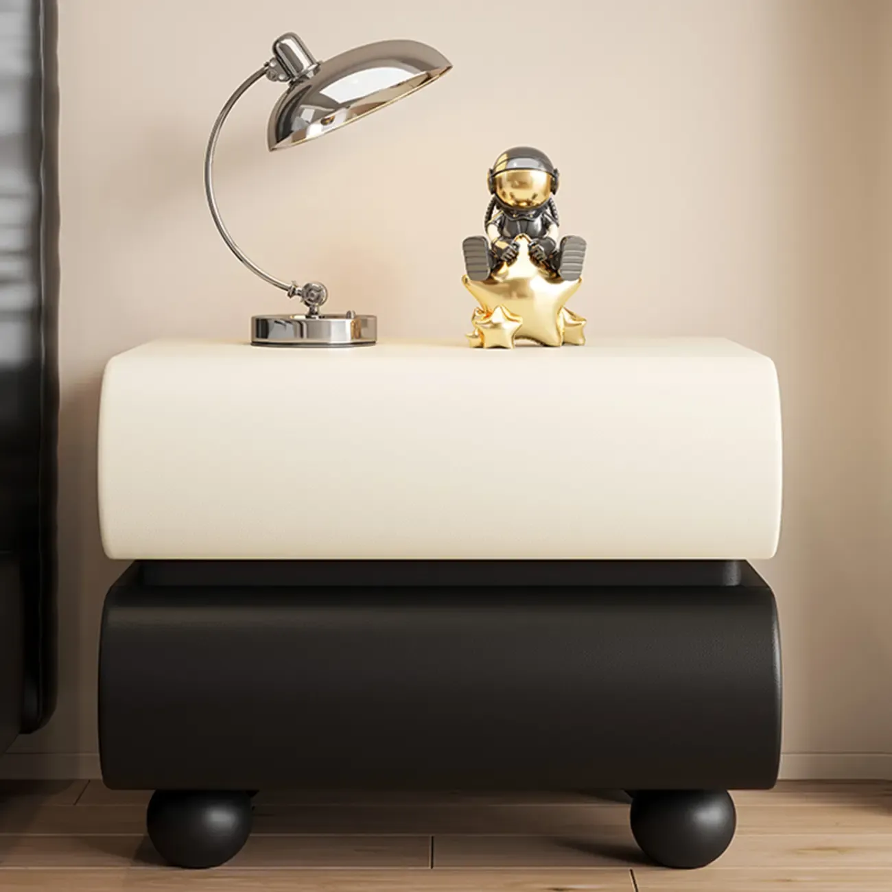 Stylish Black Unique Rounded Wooden Bedside Nightstand