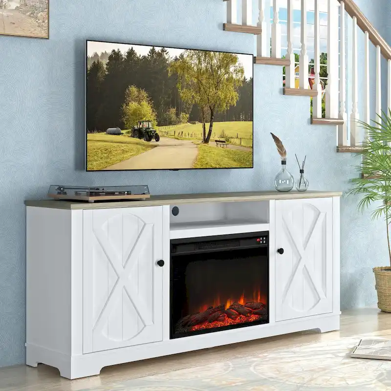 70 Farmhouse TV Stand with Fireplace, Fits up to 75 TV - 70W x 30H x 14.5D
