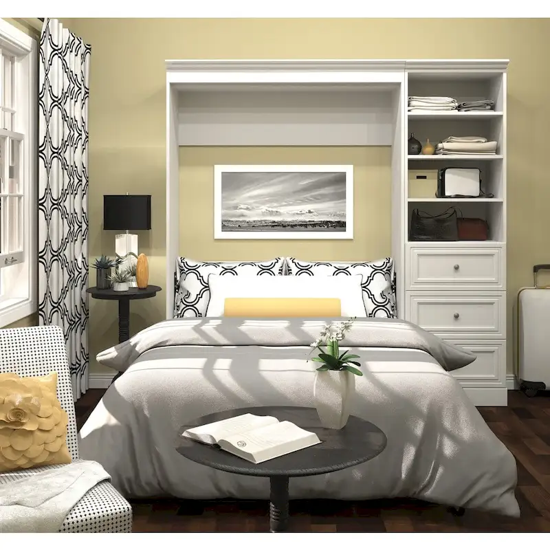 White / Tuscany Brown Full Murphy Bed with Closet Organizer and Drawers (84