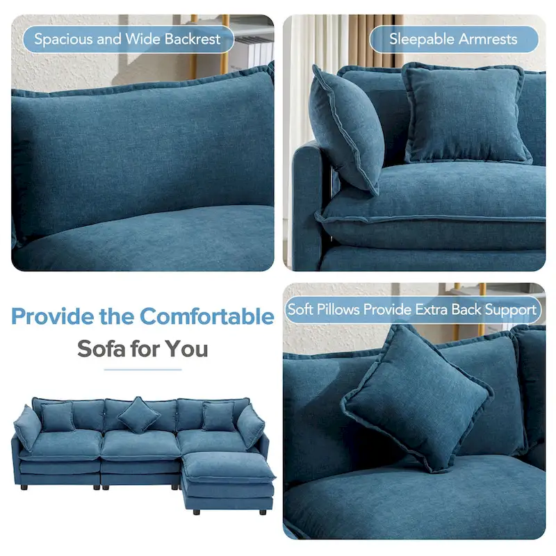 Blue 112.2 Modern L-Shaped 4-Seat Sofa with Removable Ottoman