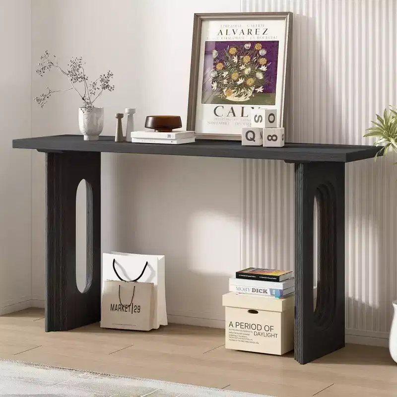Modern Console Table with Round Hollow Legs – Black / Natural, 1-Piece