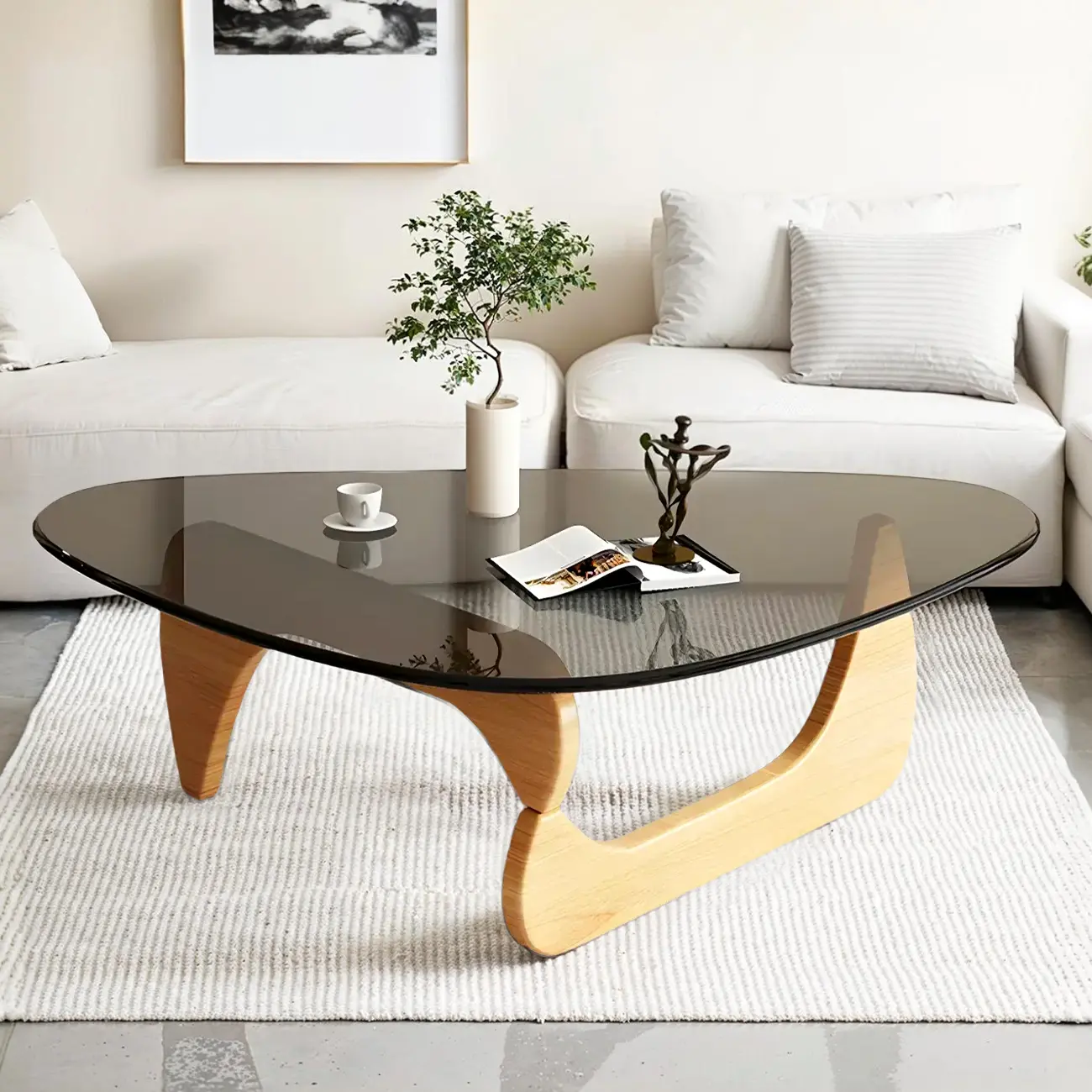 Modern Triangle Glass Coffee Table Wooden Base