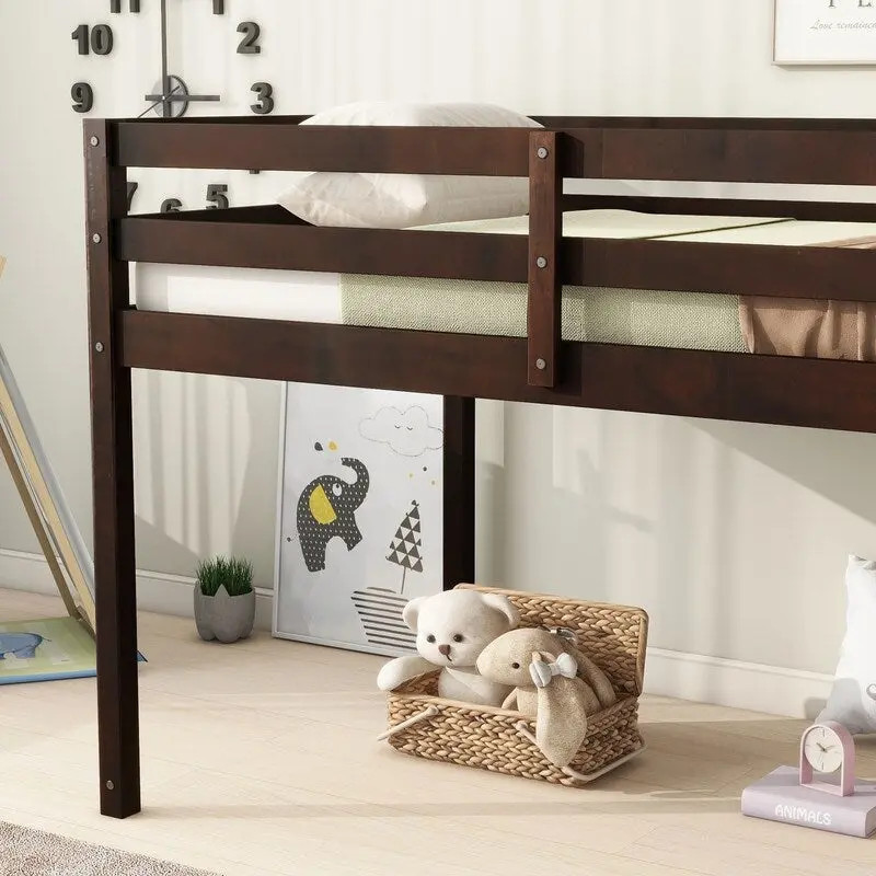 Solid Rubber Wooden Twin Loft Bed with Ladder and Strengthened Slats
