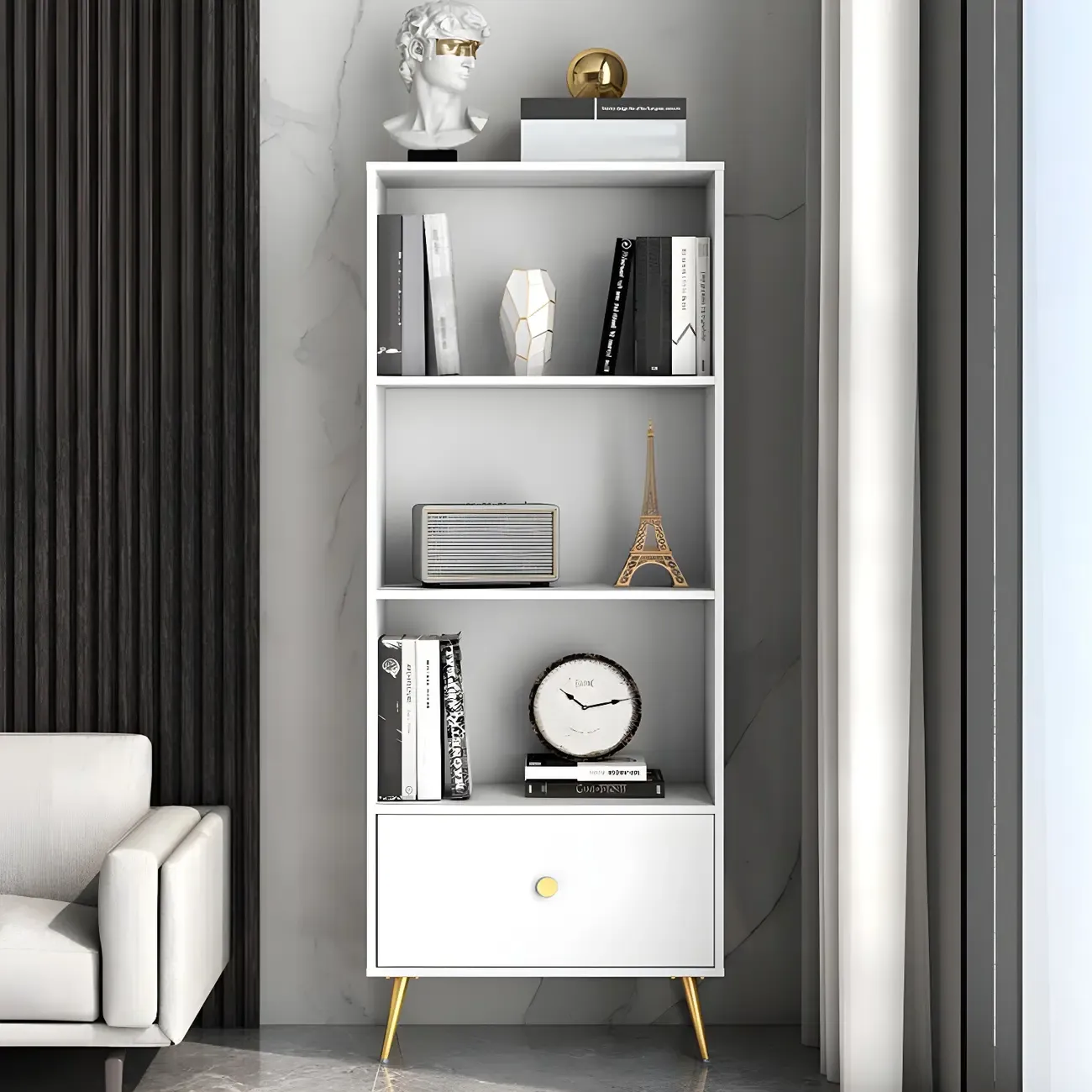 White Metal 2/3/4-Tier Open Bookcase with Drawer