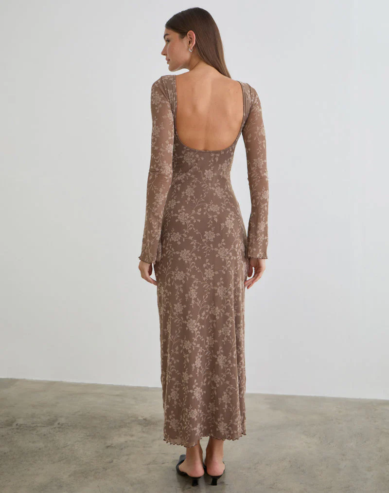 Shaleed Maxi Dress in Leafy Flock Dark Taupe