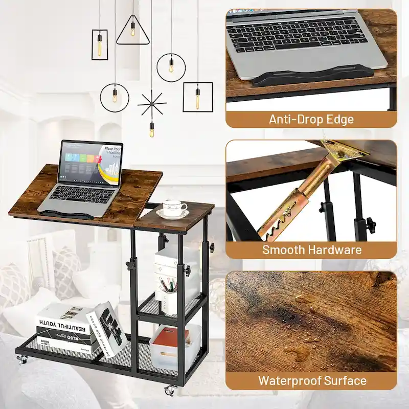 C Shaped End Table Height Adjustable Mobile Couch Desk with Wheels