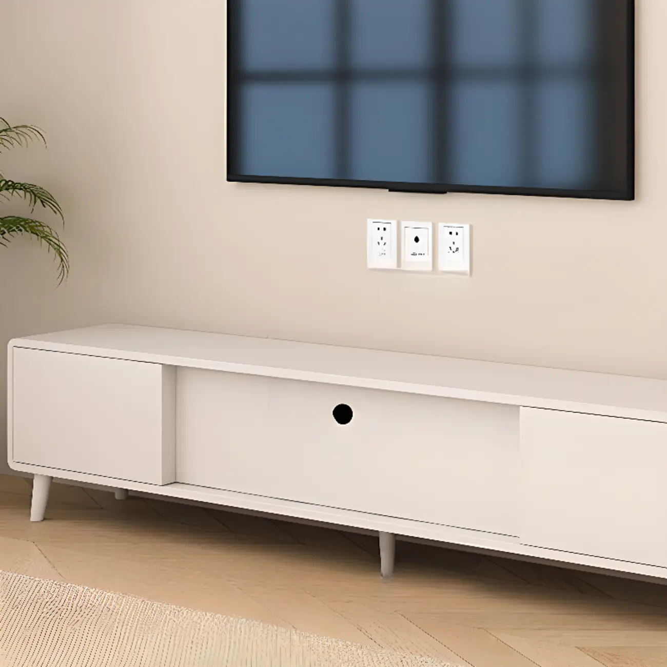 White Wooden Modern TV Stand with Drawers & Cabinets