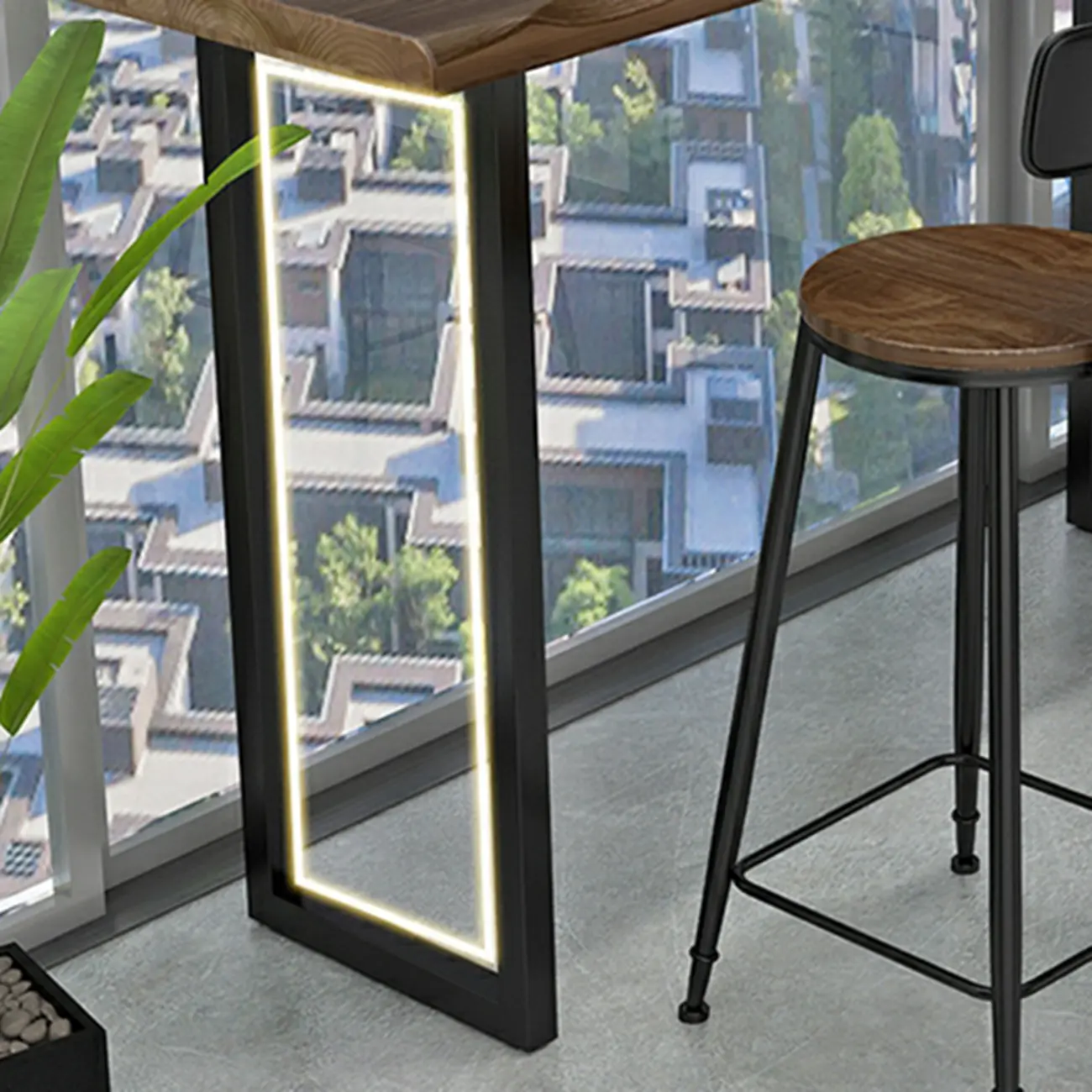 Modern Brown Pine Wood Top Iron Sled Bar Table