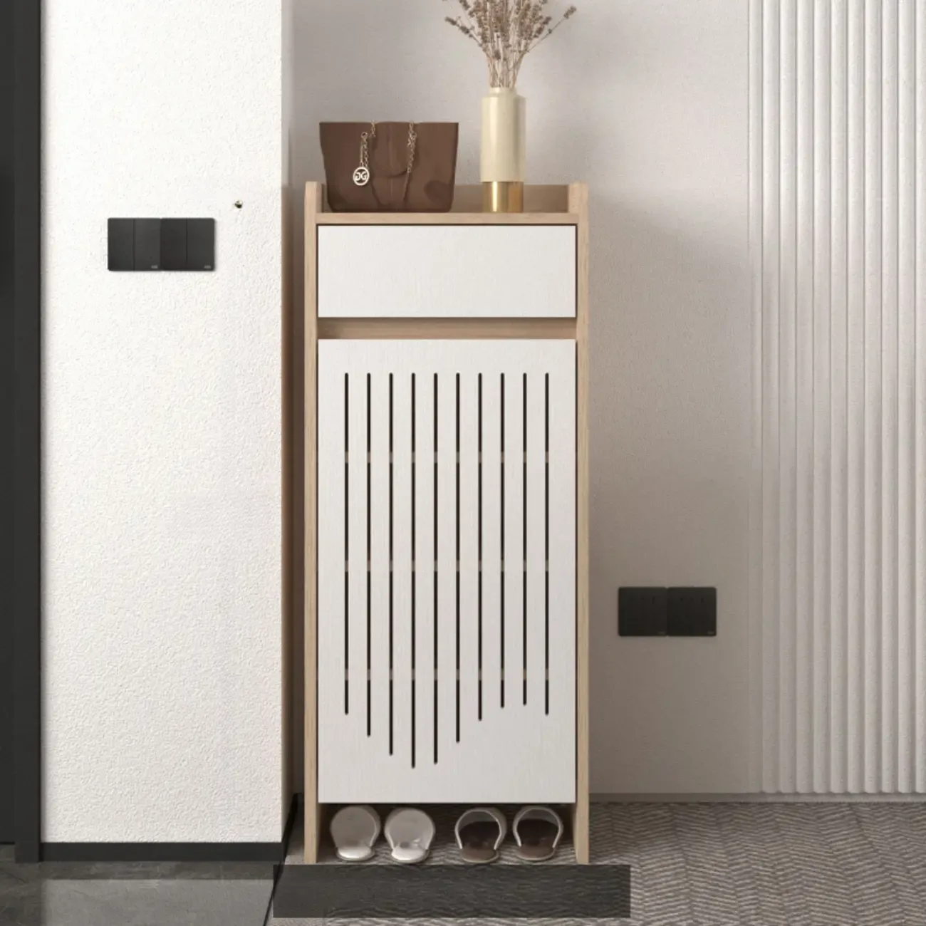 Modern Slim Wood Beige Entryway Shoe Cabinet