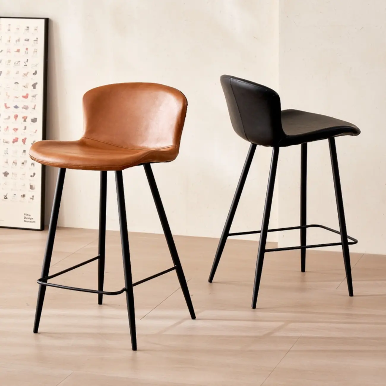 Mid-Century Modern Leather Bucket Bar Stools with Low Back