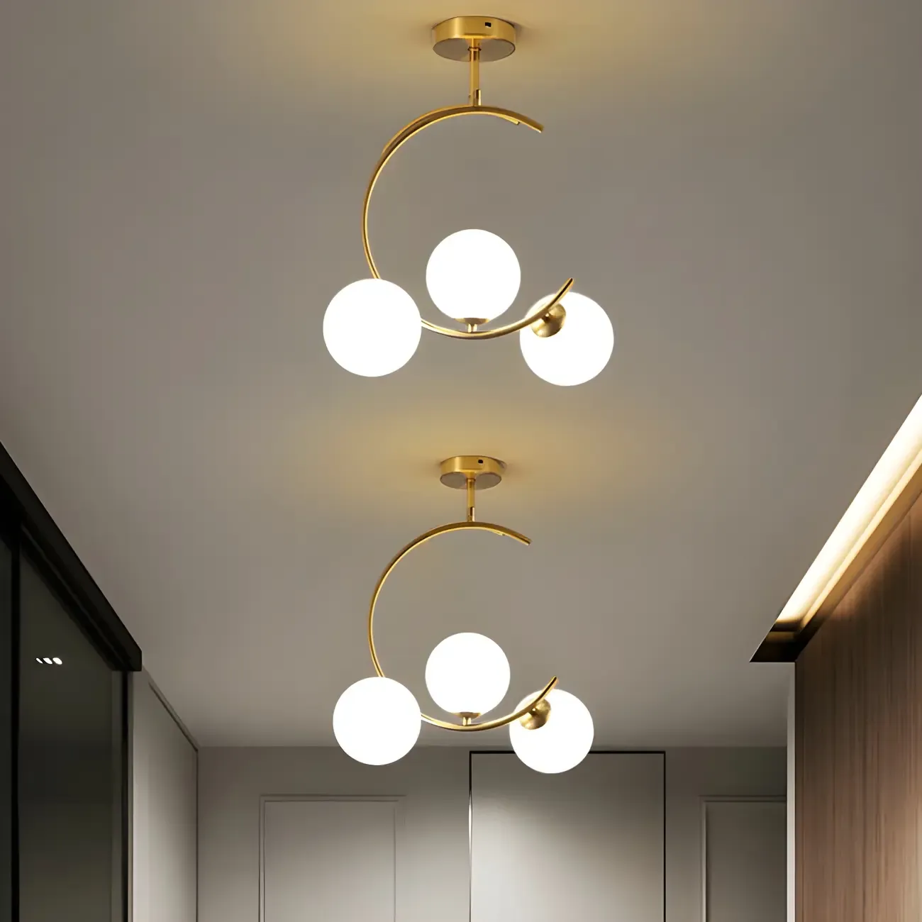 Modern Globe Glass Metal Gold Semi Flush Ceiling Light