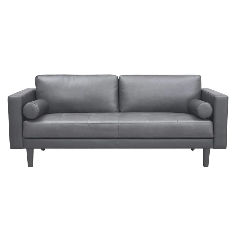 Modern Genuine Leather Sofa with Wooden Legs & Additional Bolster Pillow