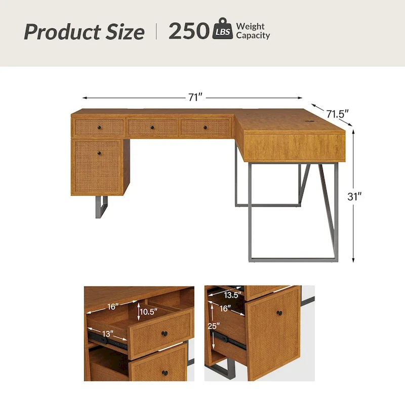 Alfons Industrial L-shaped Lift Top Cane Executive Office Desk with Drawers and Built-In Outlets