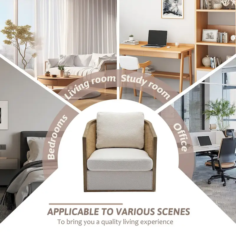 Boucle/Leather Upholstered 360 Degree Swivel Round Barrel Club Chair