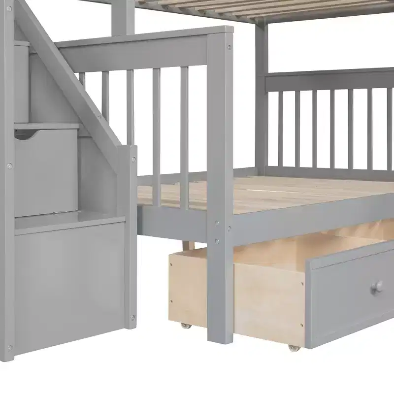 Stylish Design Twin over Full L-Shaped Bunk Bed With 3 Drawers, Ladder and Staircase