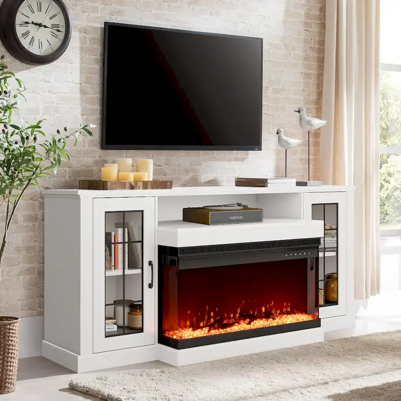 Erommy Adjustable Glass Shelves Entertainment Center with Electric Fireplace in Fireplace TV Stand