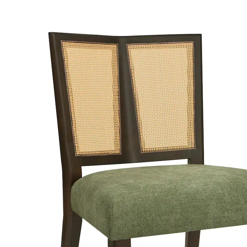Mid-Century Rattan Back Upholstered Dining Chair Set of 2