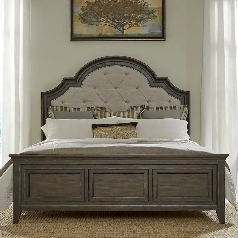 Paradise Valley Saddle Brown Upholstered Bed, Dresser and Mirror, & Nightstand