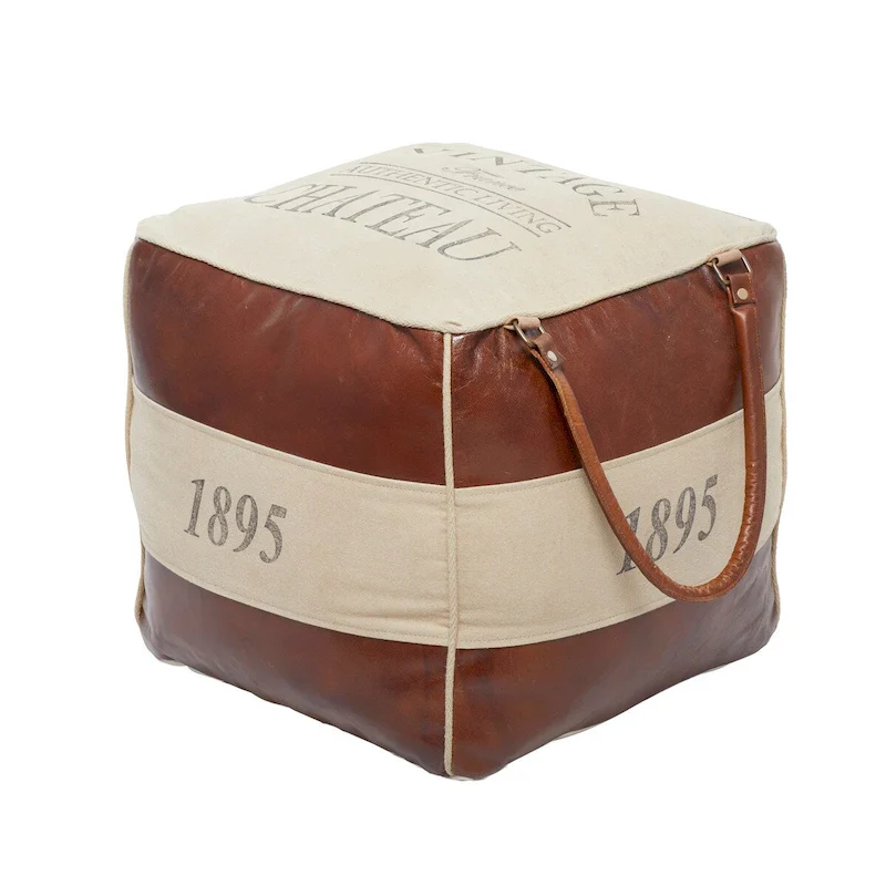 Canvas Pouf with Leather Handles - Gray, Brown, White, Cream or Beige - Roche River Decor