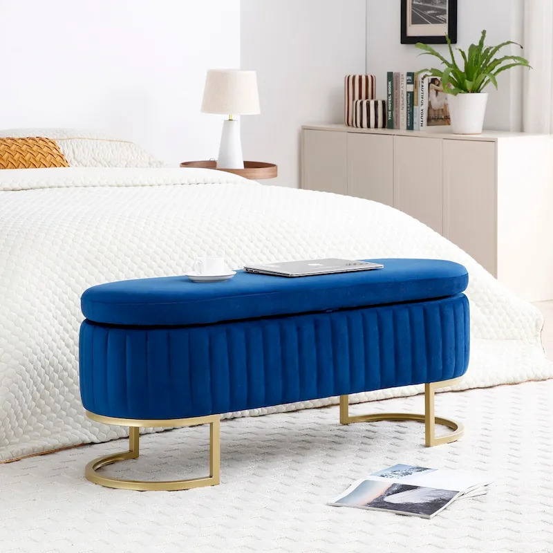 Storage Bench Bedroom Bench, Velvet Oval Upholstered End of Bed Bench with Golden Metal Legs,50 Storage Ottoman Bench