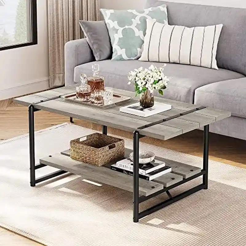 2-Tier Farmhouse 41 Large Wood Coffee Table with Shelf