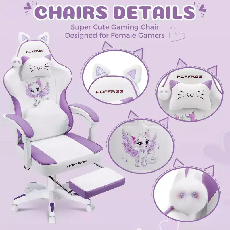 Hoffree Cute Pink Gaming Chair Girls Ergonomic Desk Chair with Footrest & Massage Lumbar