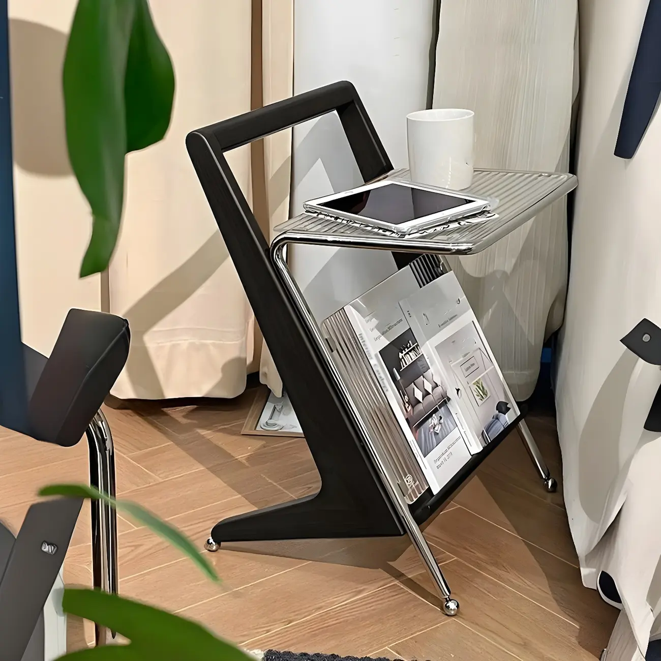 Unique Z-Shaped Solid Wood Glass Display Small Side Table