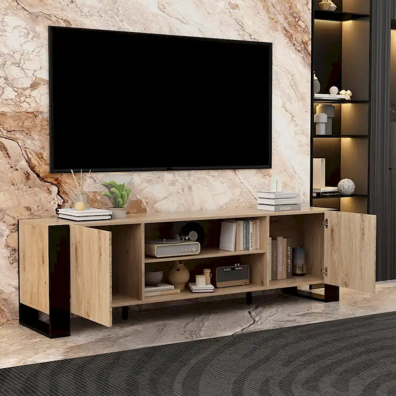 Wood Grain TV Stand with Optional Electric Fireplace: Cable Management