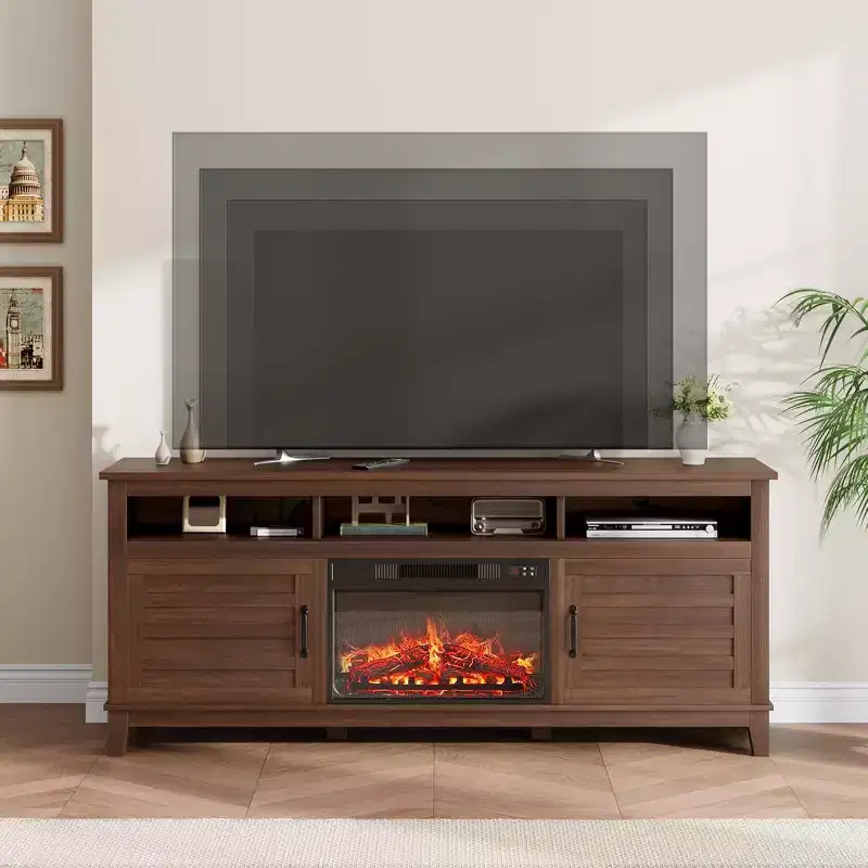 63 Fireplace TV Stand, Entertainment Center with Fireplace, Farmhouse TV Stand with Cabinet Doors,for Living Room, Bedroom