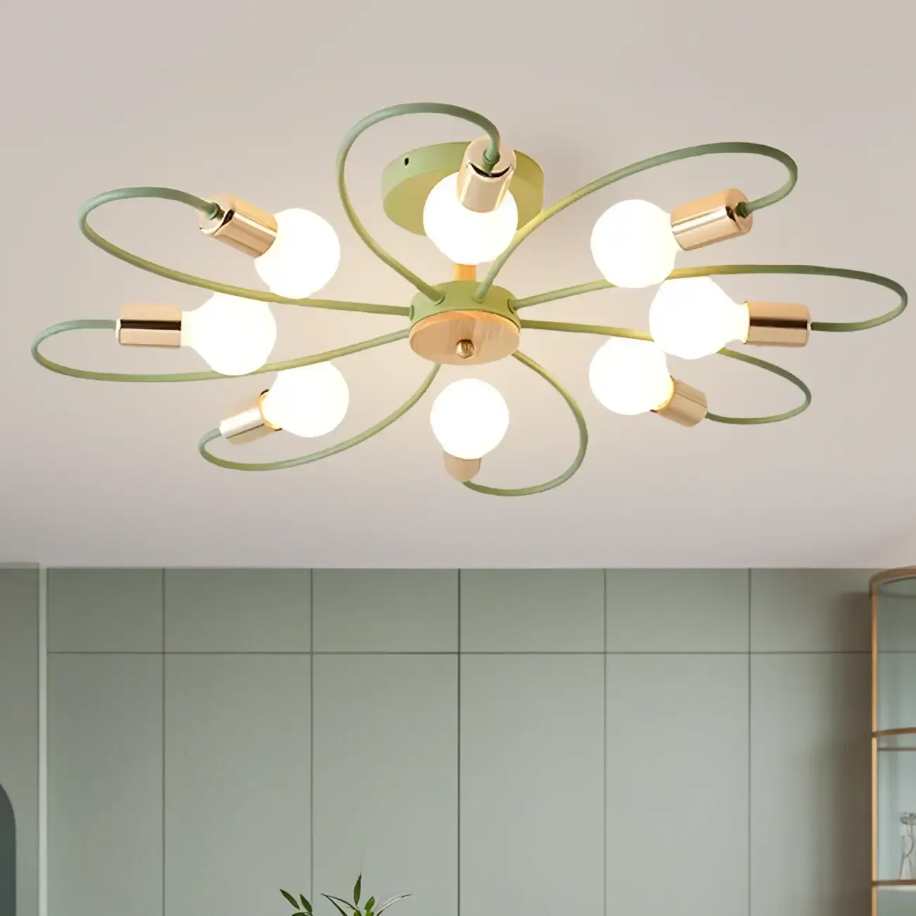 Modern Green Curved Sputnik Semi Flush Mount Ceiling Light