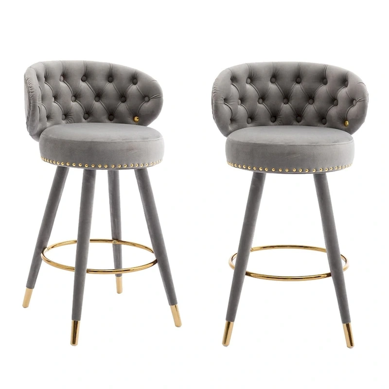 Velvet Upholstered 360 Degree Swivel Tufted Bar Stools with Golden Footrest(set of 2)