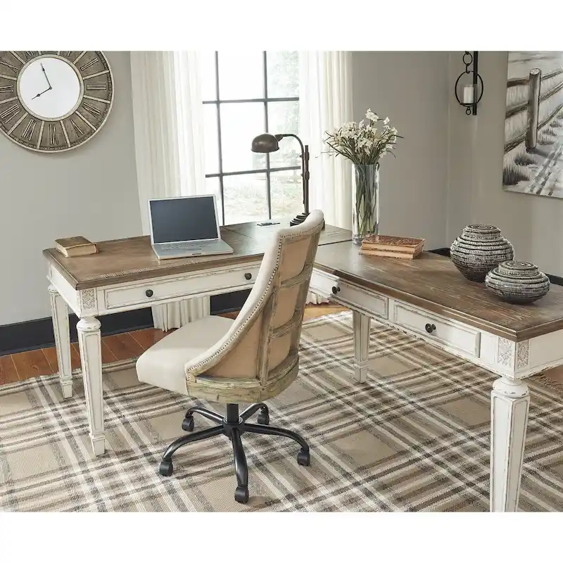 Antique White/Brown 2-Piece Home Office Lift Top Desk