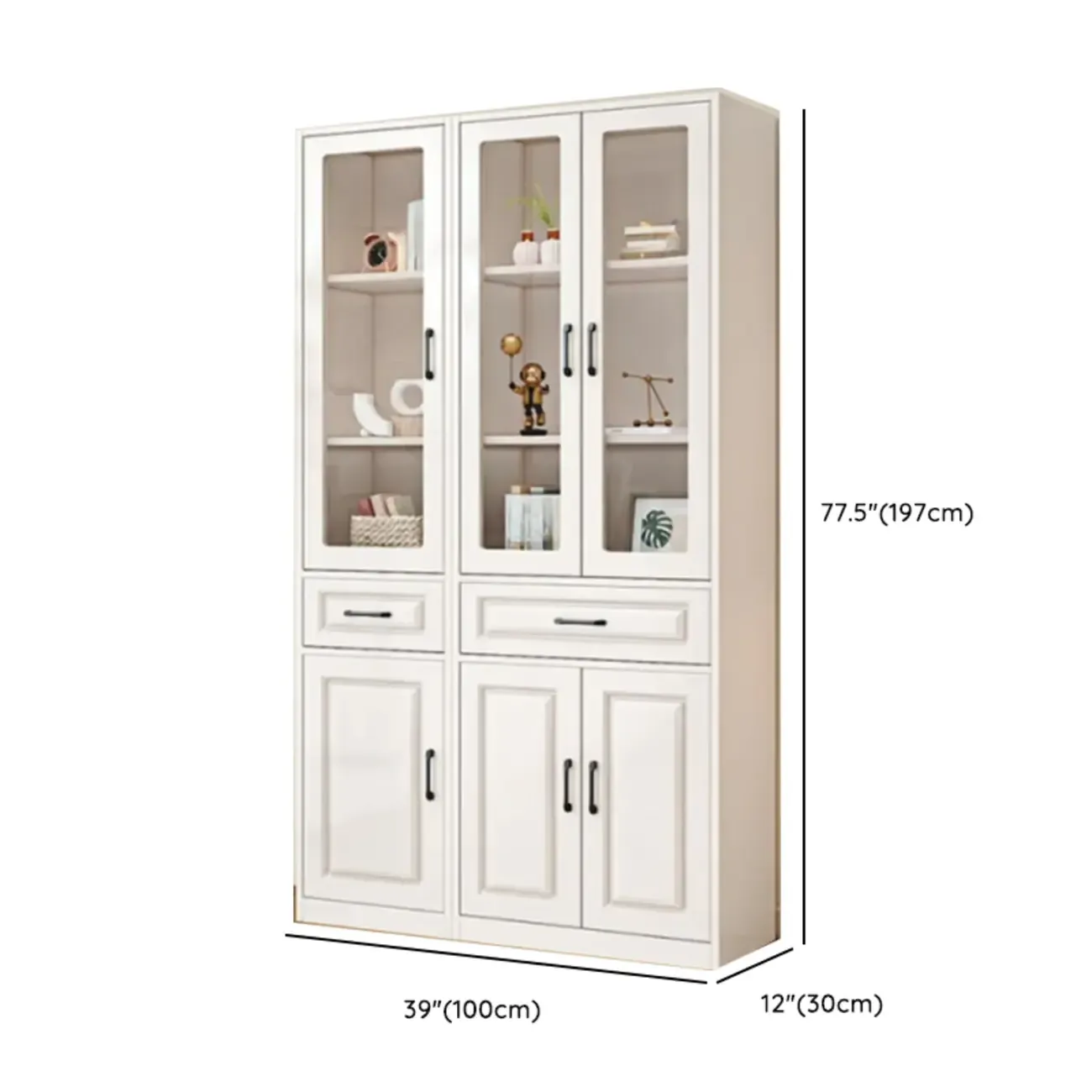 Rectangular White Wood Vertical Display Bookcase with Drawers
