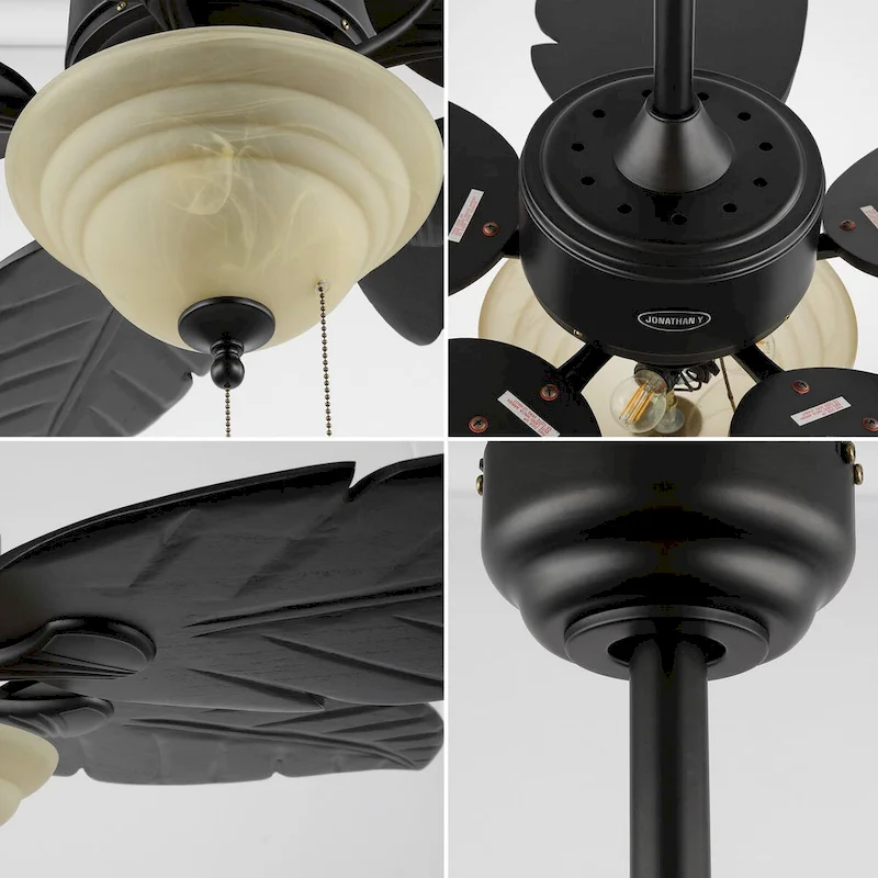 Owen 52  3-Light Coastal Bohemian Iron/Wood Palm Leaf LED Ceiling Fan with Pull Chain, by JONATHAN Y