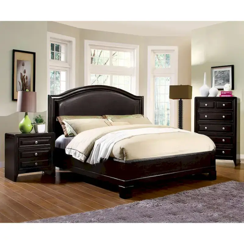 Newport Furnishings Traditional Espresso Padded Platform Bed with Faux Leather Headboard