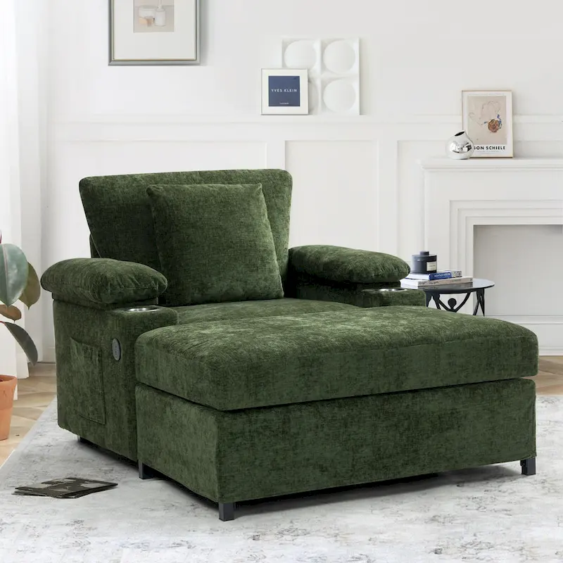 GDFStudio - Ethan Blake Oversized Chenille Chair Bed with Ottoman, Storage & USB Charging for Lounge & Apartment Living