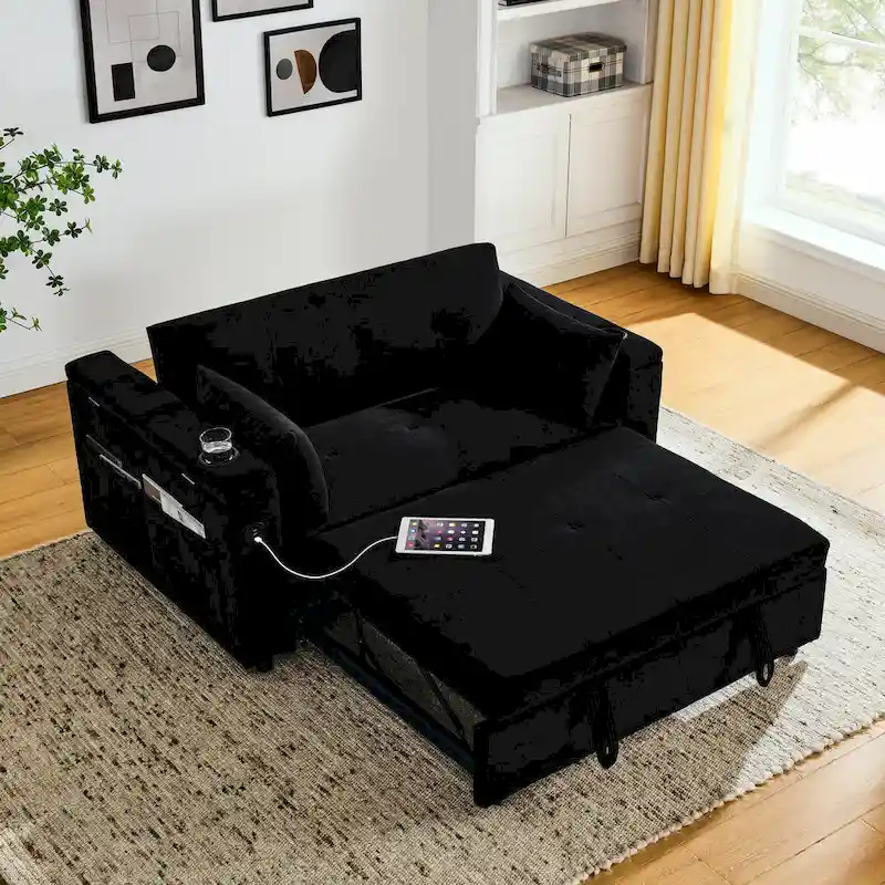 2-Seat Sleeper Sofa Bed with USB Power Outlet, Side Pockets and Lumbar Pillow