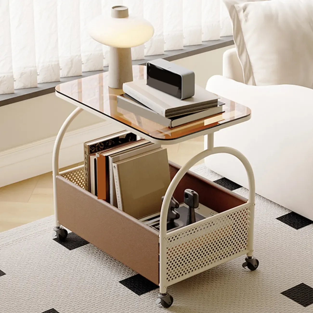 Brown Glass Top Storage Side Table Cart with Wheel