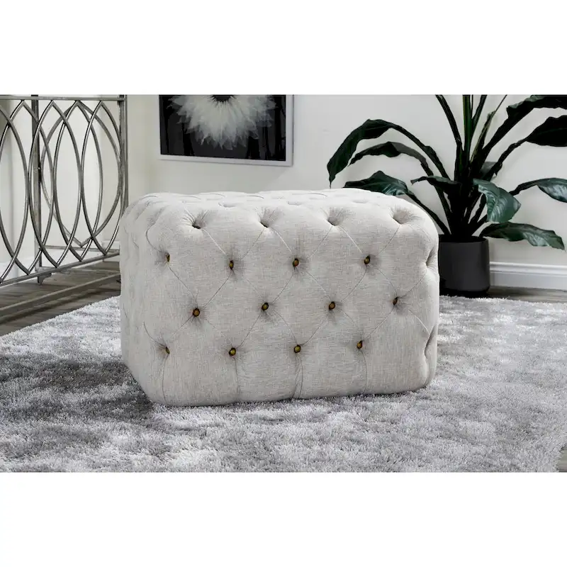 Linen Fabric Tufted Ottoman - Beige - Roche River Decor