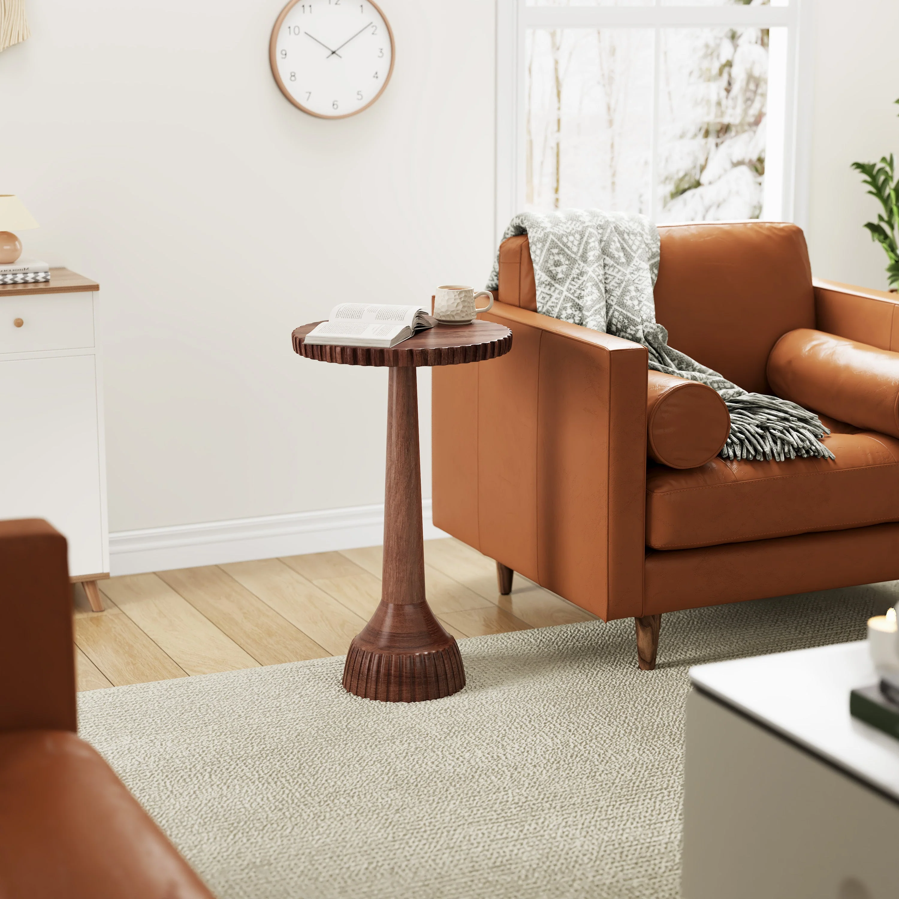 Modern Solid Mango Wood Pedestal End Table, Fully Assembled