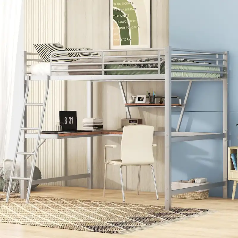 Metal Loft Bed with Integrated Desk, Shelf, and Full-Length Guardrail