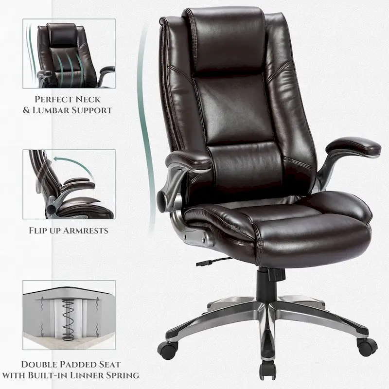 Leather Executive Office Chair- High Back Home Computer Desk Chair with Padded Flip-up Arms, Adjustable Tilt Lock