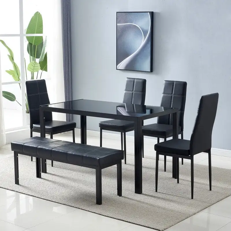 6-Seat Modern Glass Dining Table Black
