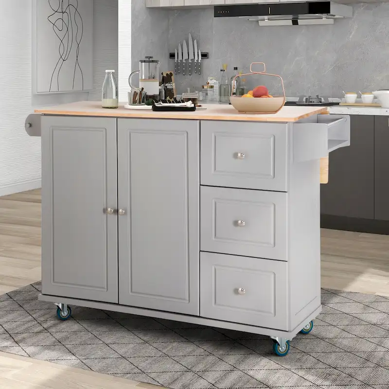 Kitchen Island Cart with Drop-Leaf and Rubber Wood Top, Rolling Kitchen Trolley Cart Cabinet