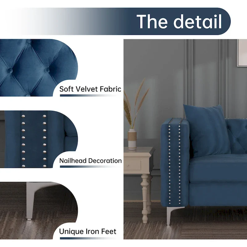Dutch Velvet Button-Tufted Sofa, Blue/Grey/Beige, Nailhead Trim, Iron Legs, Seats 3