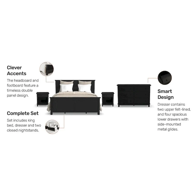 Homestyles 4-Piece Oak Park Black Wood King Bed, Two Nightstands and Dresser Set