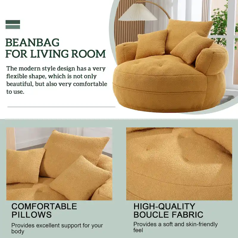 Boucle Upholstered Tufted Barrel Accent Living Room Chair With Toss Pillows