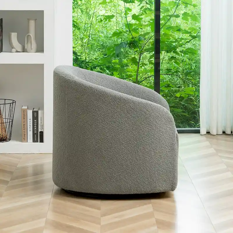 KINWELL 32W Boucle Upholstered Swivel Barrel Accent Armchair